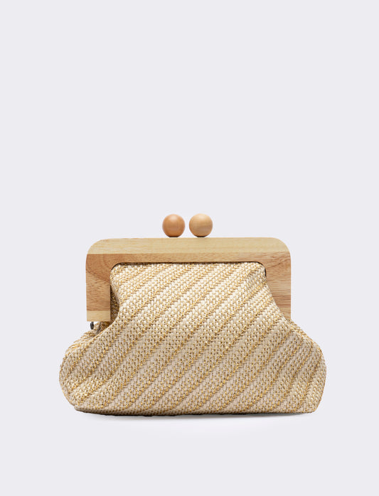 Pochette donna con chiusura in legno e tracolla - Beige