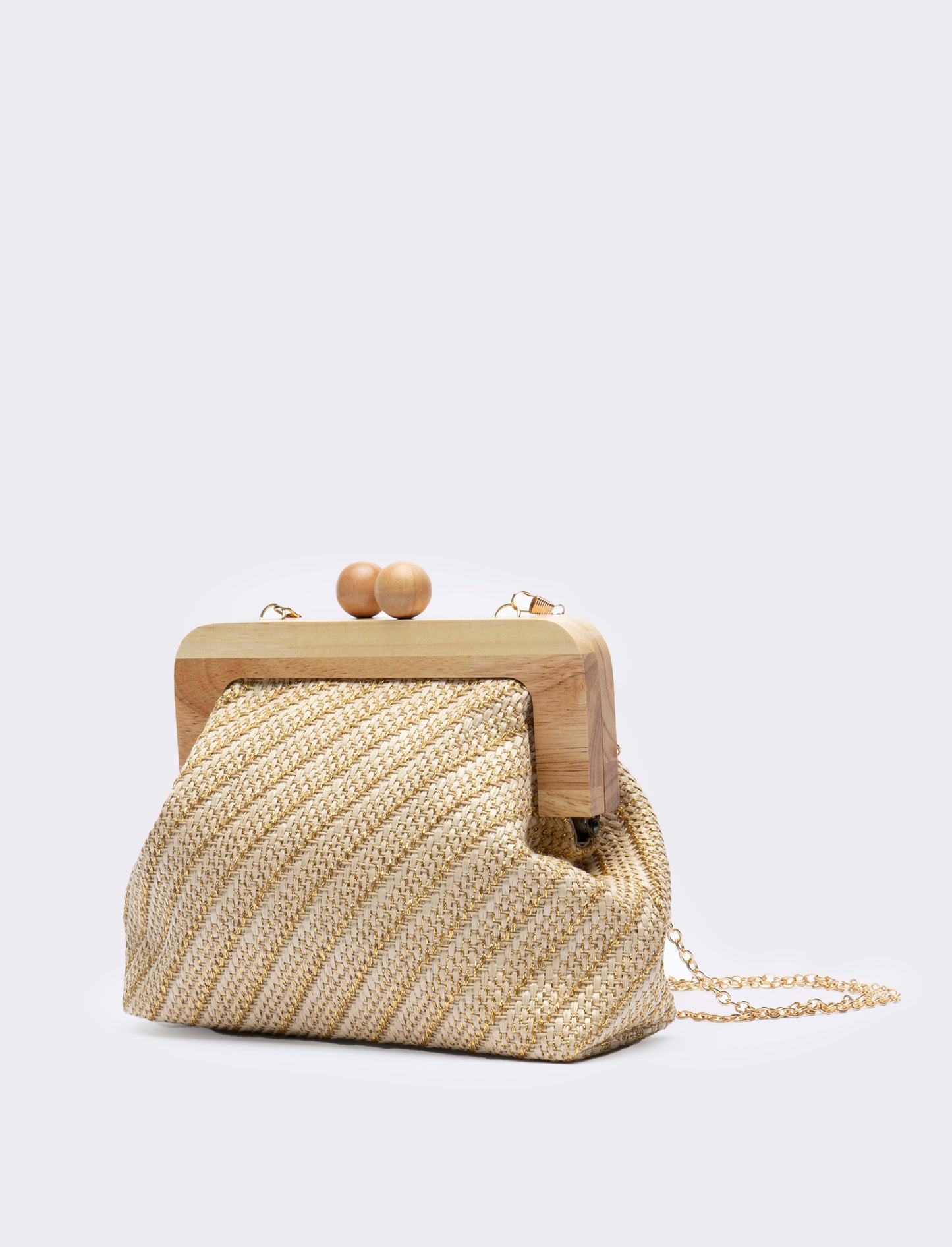 Pochette donna con chiusura in legno e tracolla - Beige