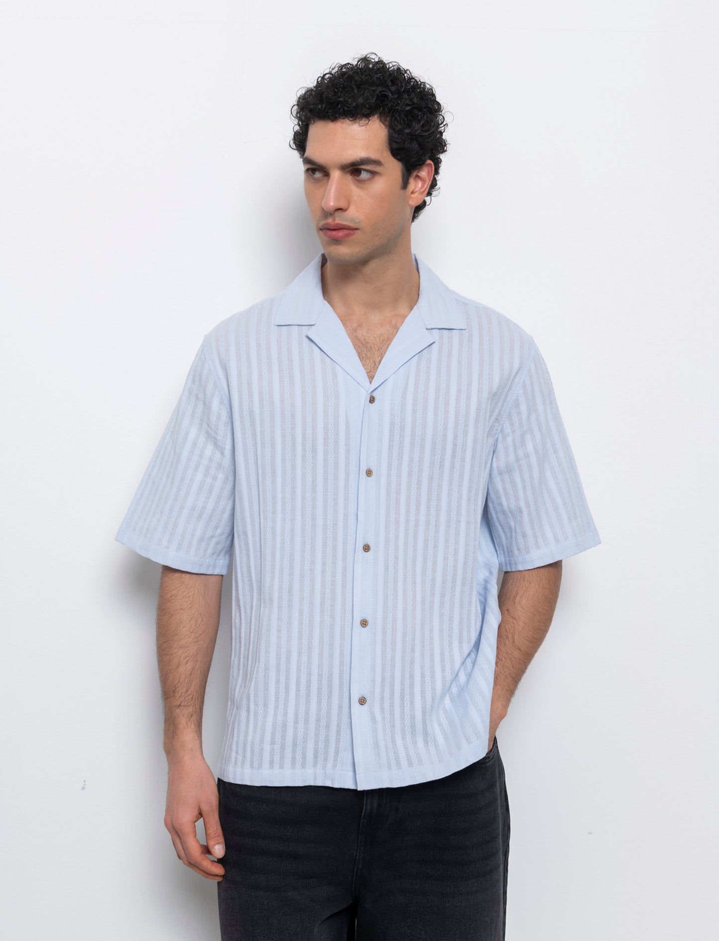 Camicia fantasia jacquard effetto ricamo da uomo - Celeste