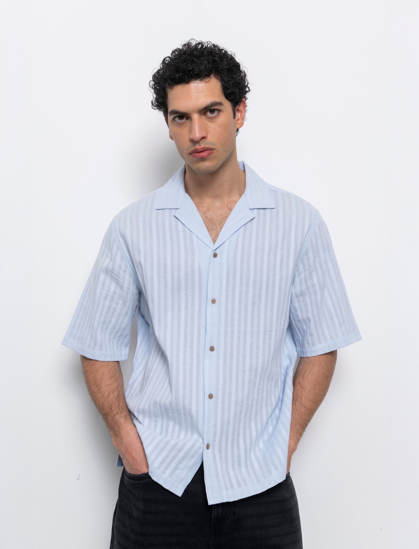 Camicia fantasia jacquard effetto ricamo da uomo - Celeste