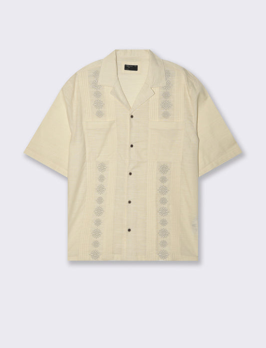 Man's embroidered shirt with double pockets - Beige
