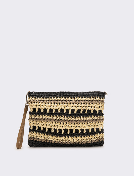 Tracolla donna in raffia righe - Nero