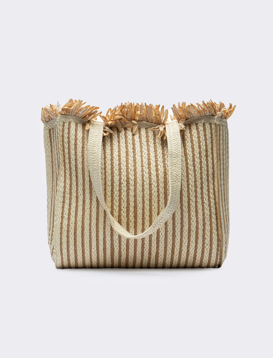 Shopping grande in carta con frange - Bianco natural