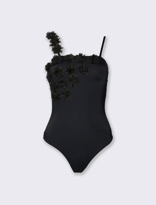 Costume mare donna intero con fiori - Nero