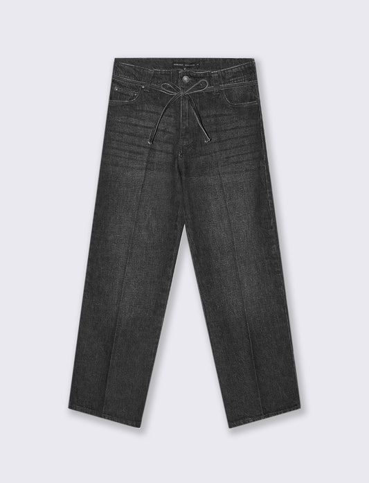 JEANS STRAIGHT CROP CON CINTURA IN TESSUTO - Grigio