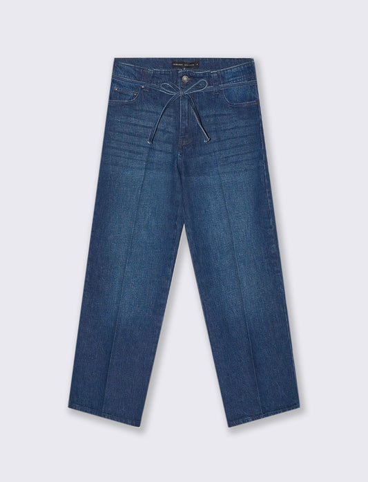 JEANS STRAIGHT CROP CON CINTURA IN TESSUTO - Denim