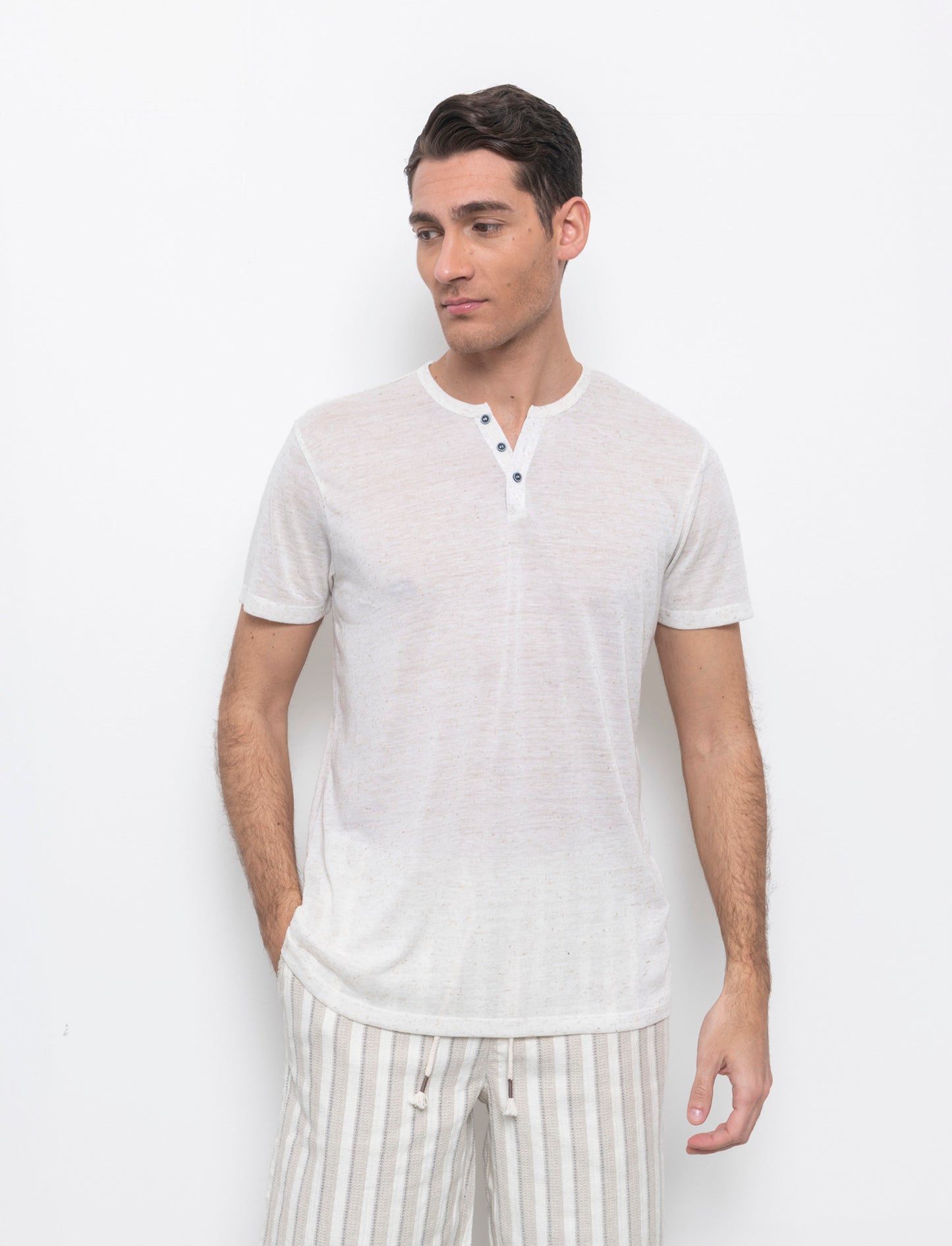 T-shirt serafino struttura misto lino da uomo - Beige ecru