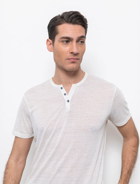 T-shirt serafino struttura misto lino da uomo - Beige ecru