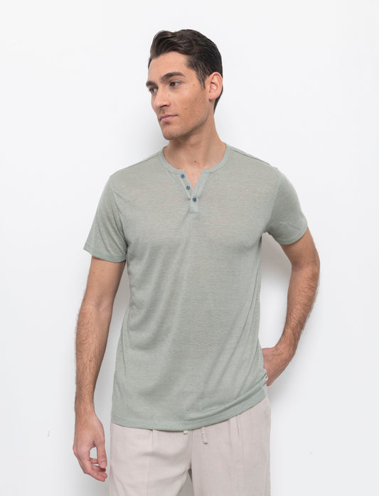 T-shirt serafino struttura misto lino da uomo - Verde