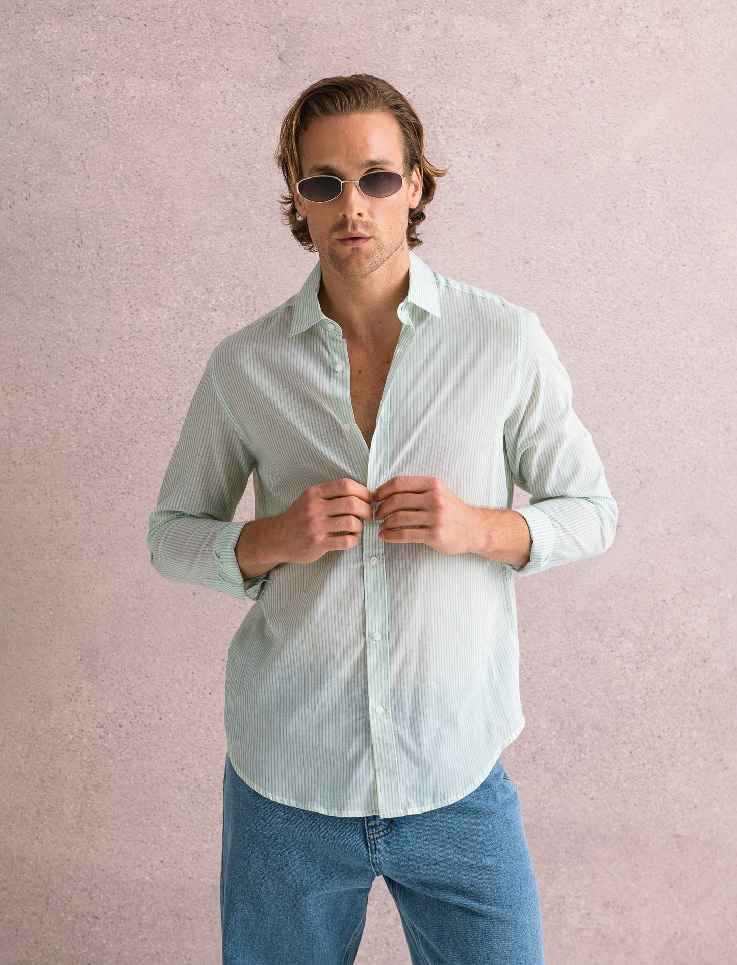 Camicia leggera a righe da uomo - Verde
