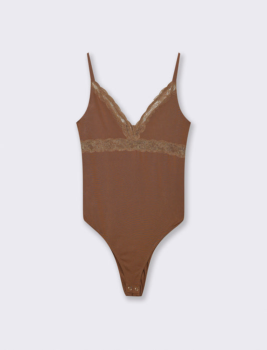BODY CON INSIERTI IN PIZZO - Marrone tabacco