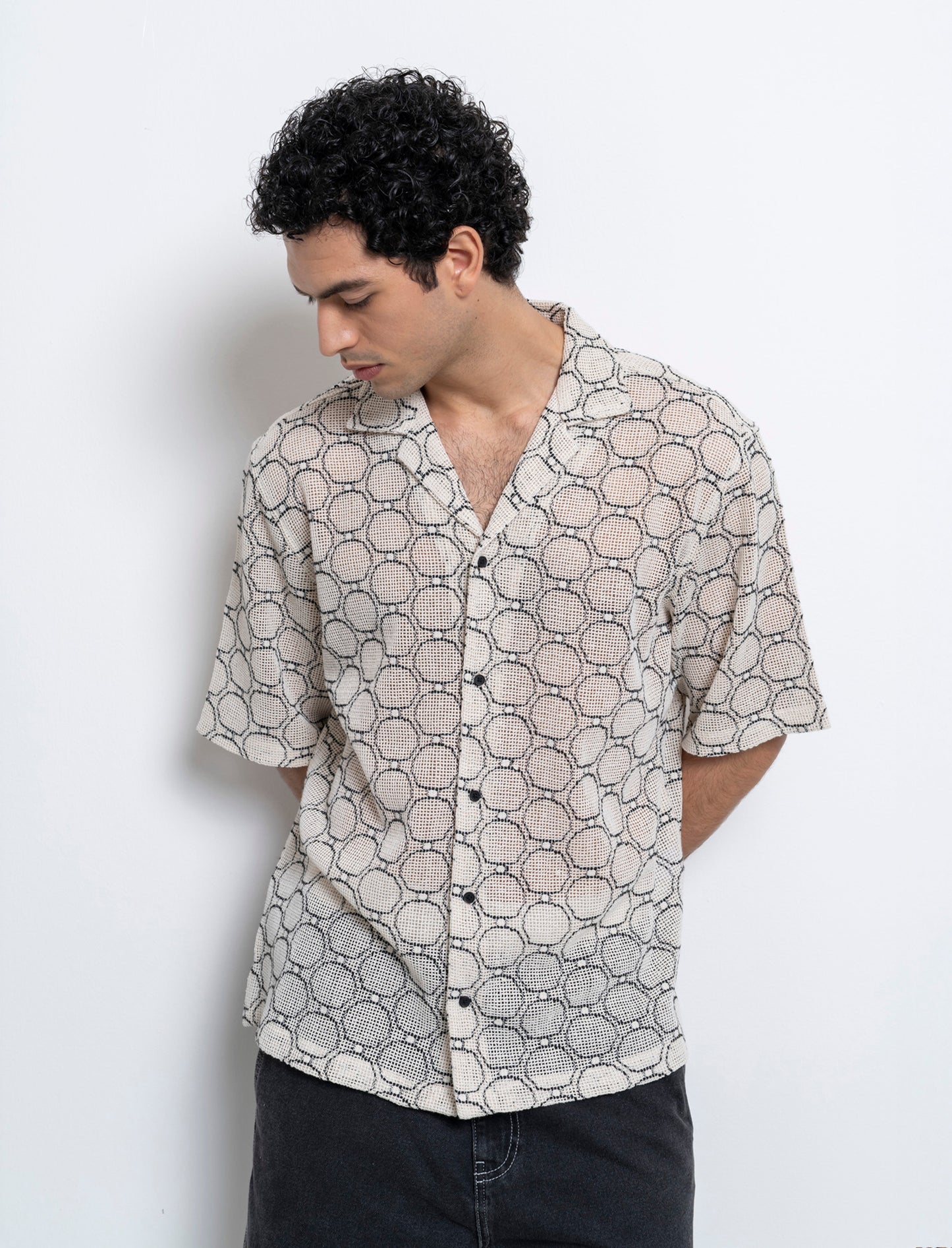 Camicia crochet fantasia astratta da uomo - Bianco