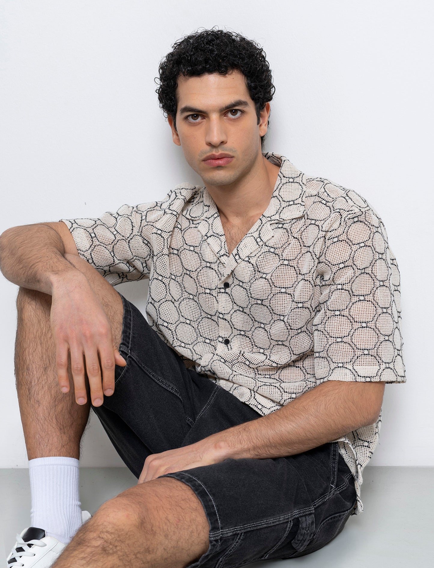Camicia crochet fantasia astratta da uomo - Bianco