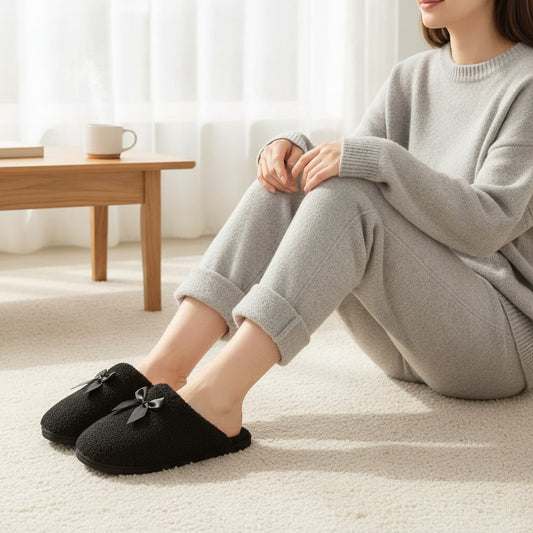 Pantofola da con fiocco furry - Nero