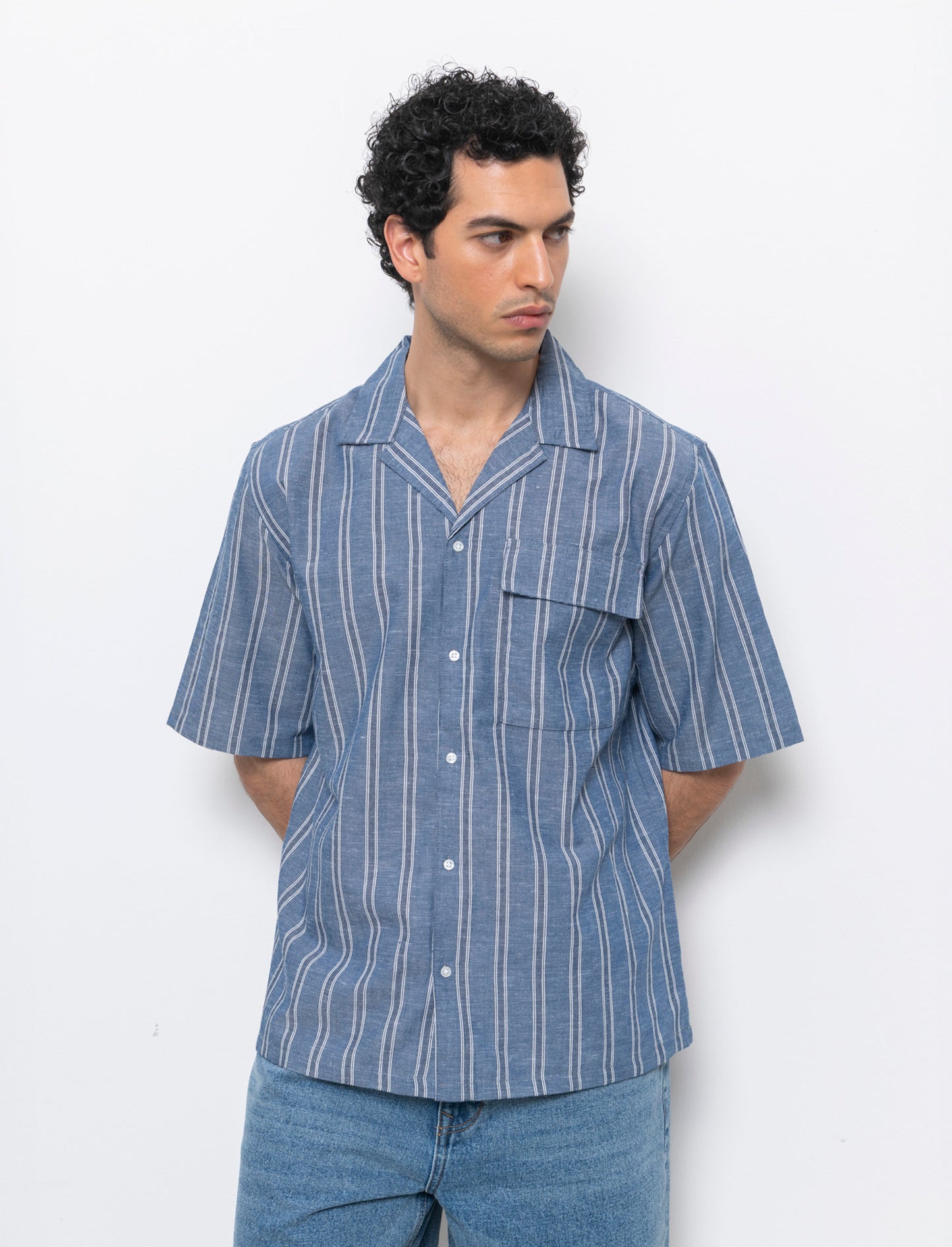 Camicia effetto denim a righe da uomo - Blu