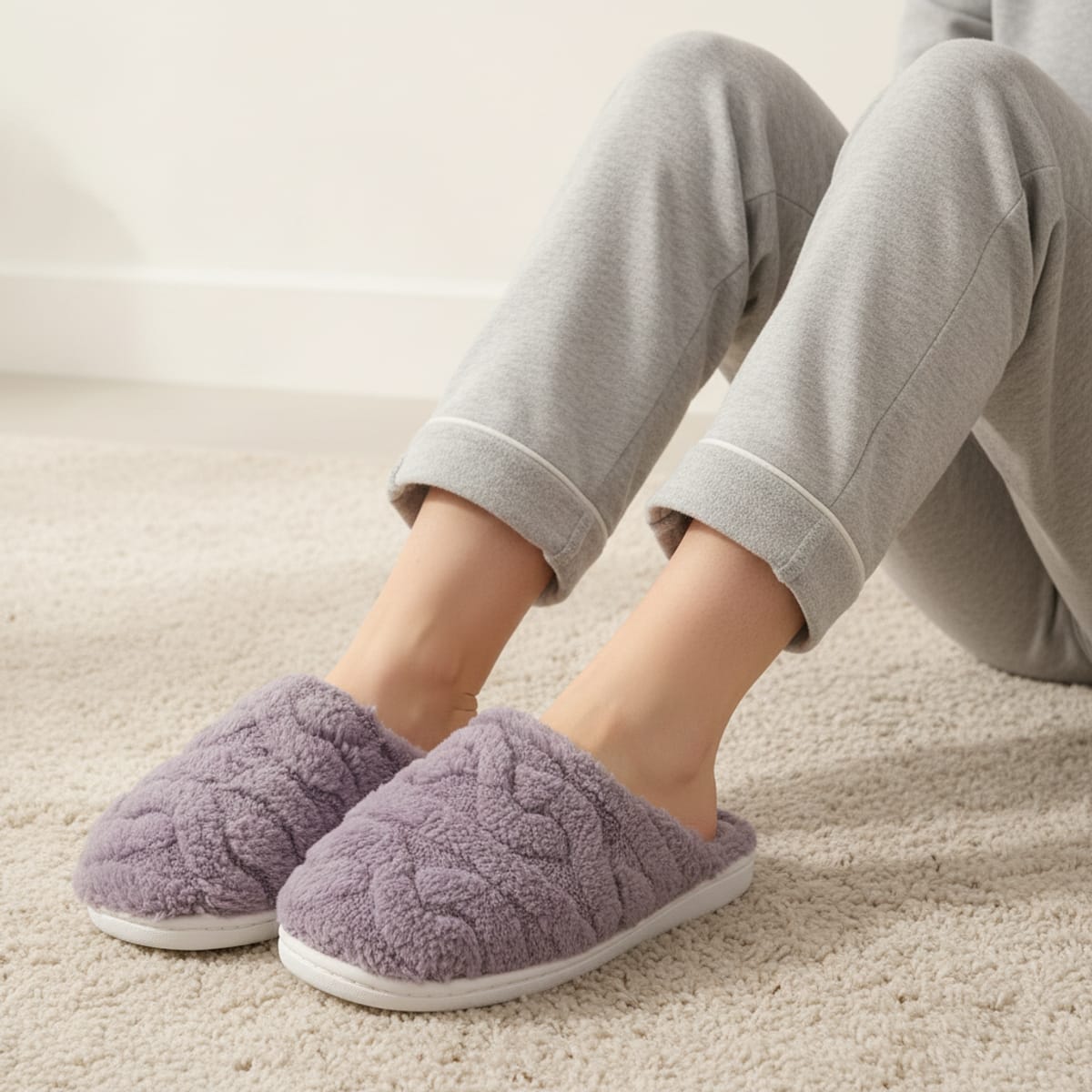 Furry effect slipper with sole - Purple