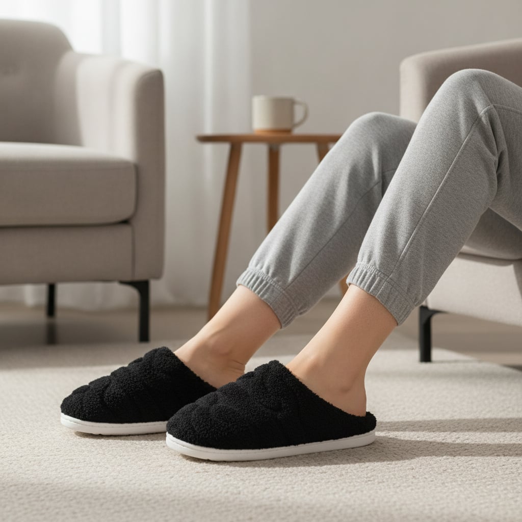 Furry effect slipper with sole - Black