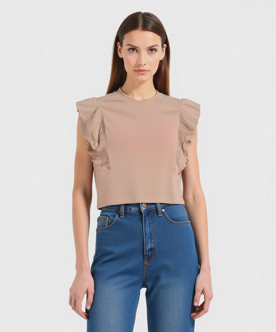 T-SHIRT CON ROUCHES - Rosa chiaro
