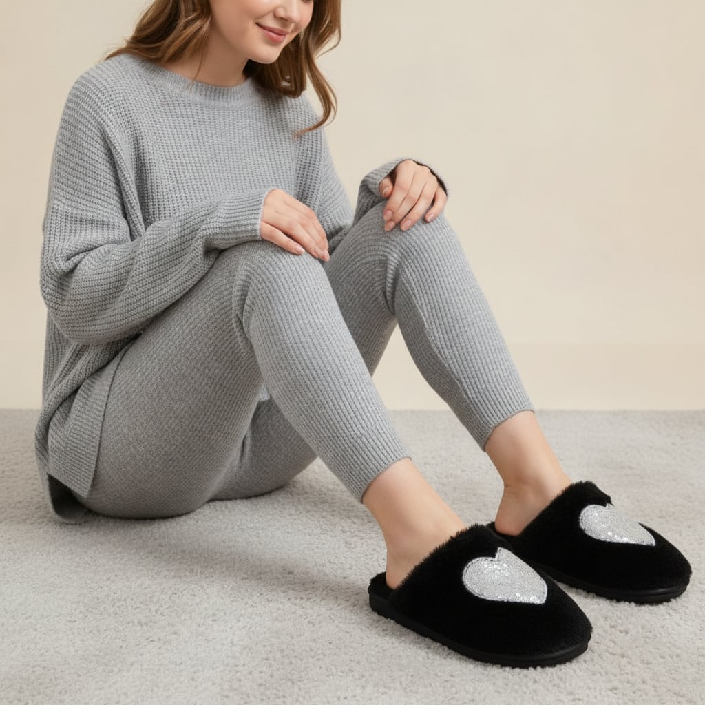 Furry effect slippers with heart - Black