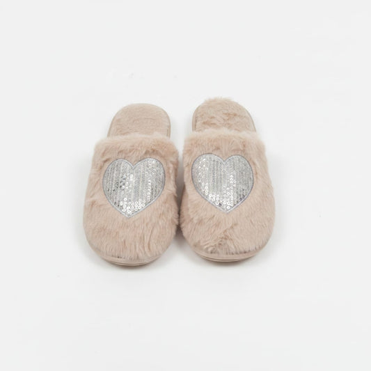 Pantofola effetto furry con cuore - Beige