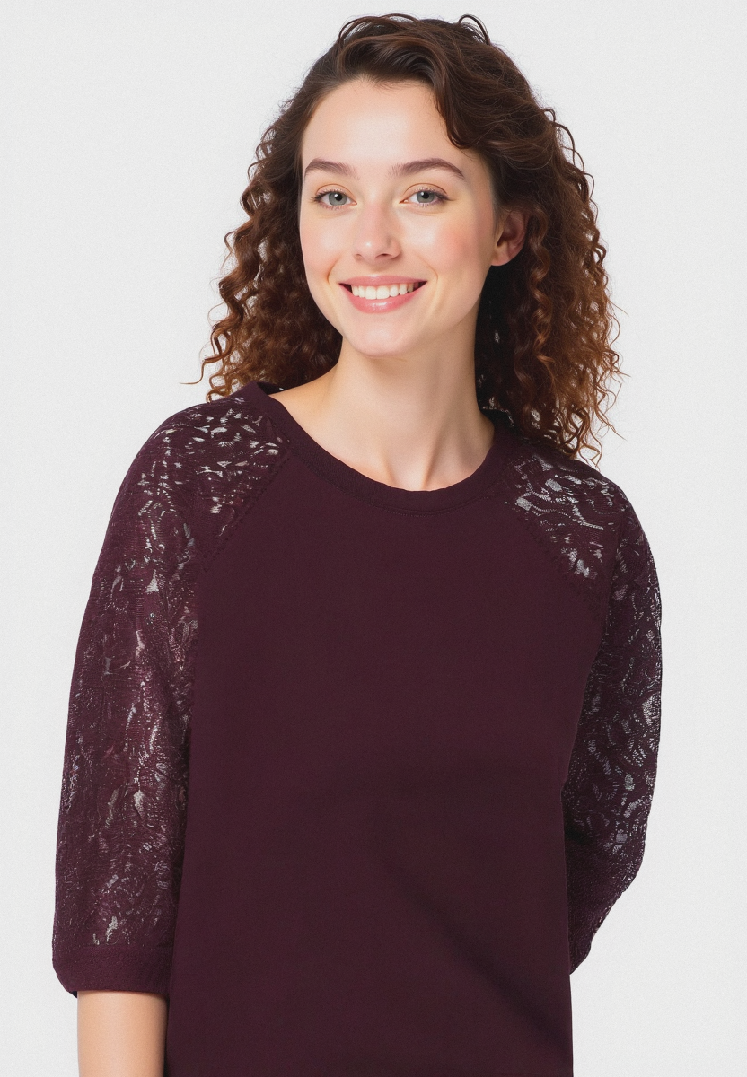 T-SHIRT CON MANICHE IN PIZZO - Bordeaux