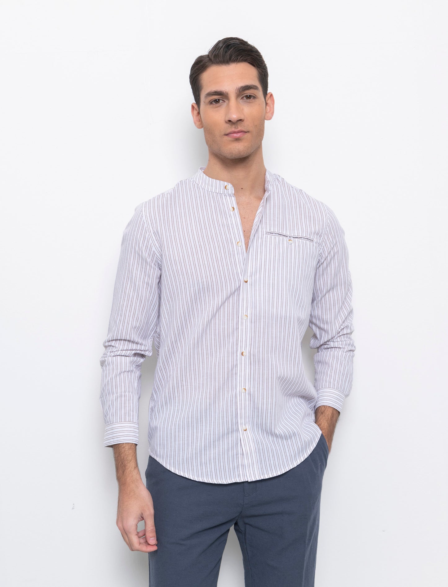 Camicia coreana a righe da uomo - Bianco