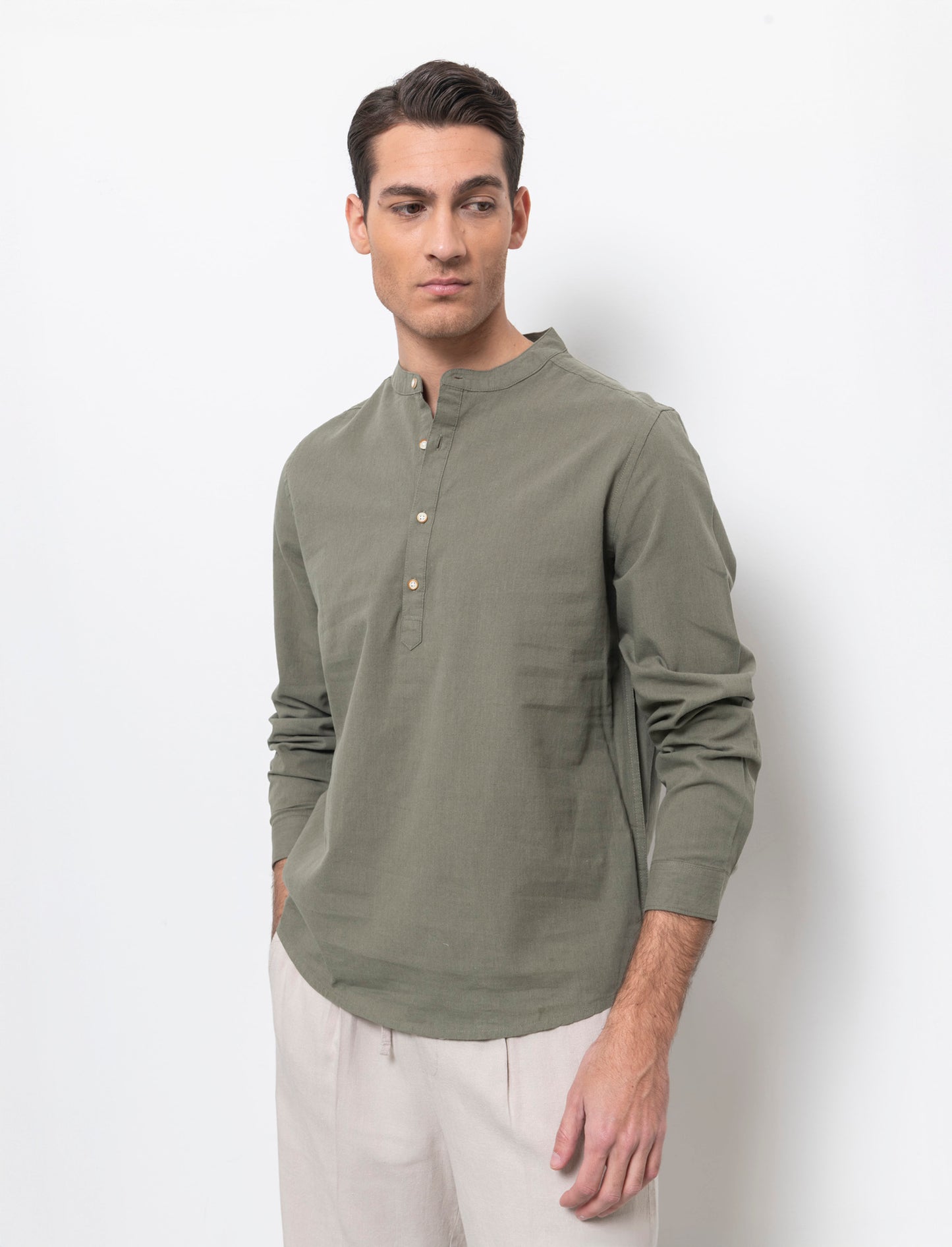 Camicia a casacca misto lino da uomo - Verde militare