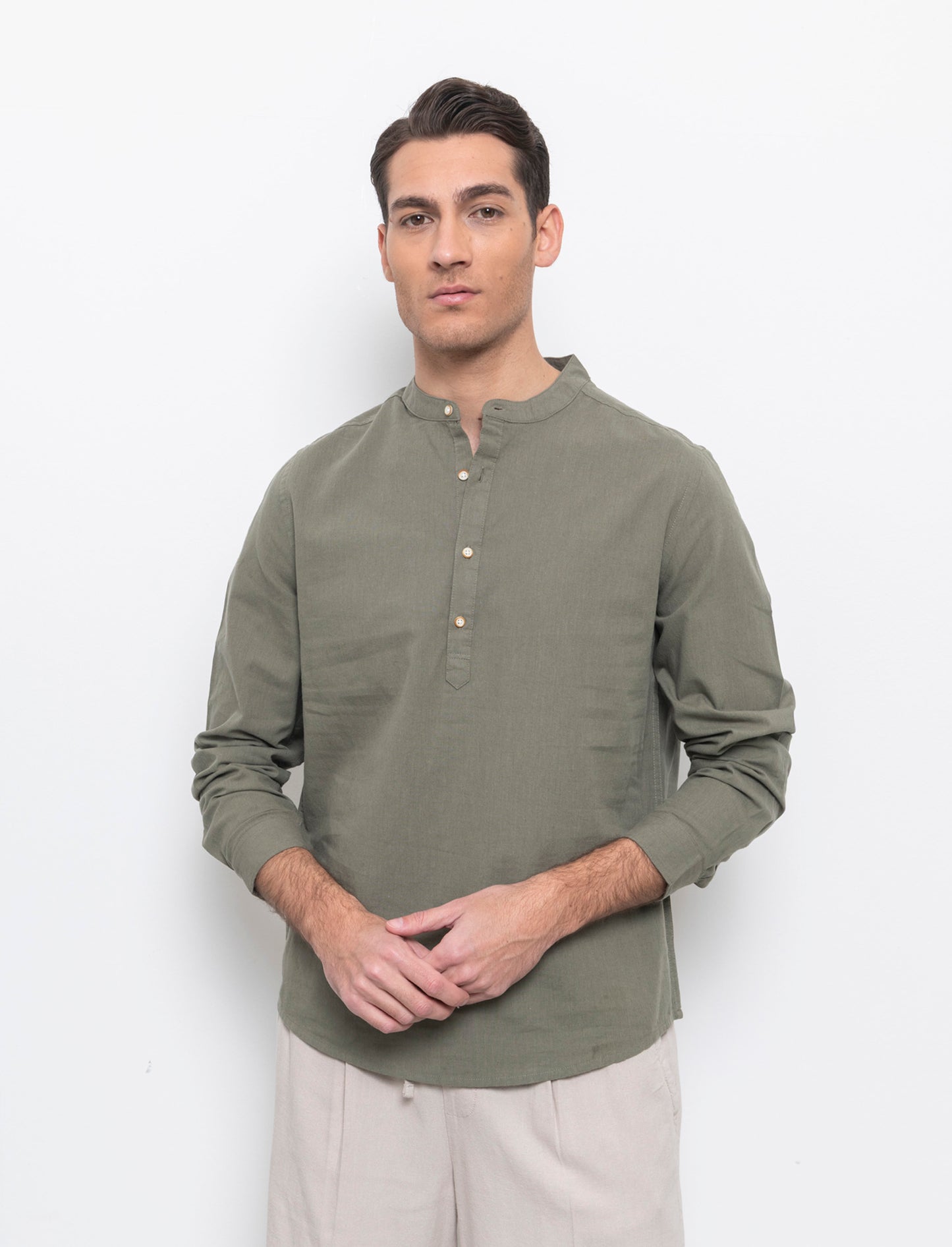 Camicia a casacca misto lino da uomo - Verde militare