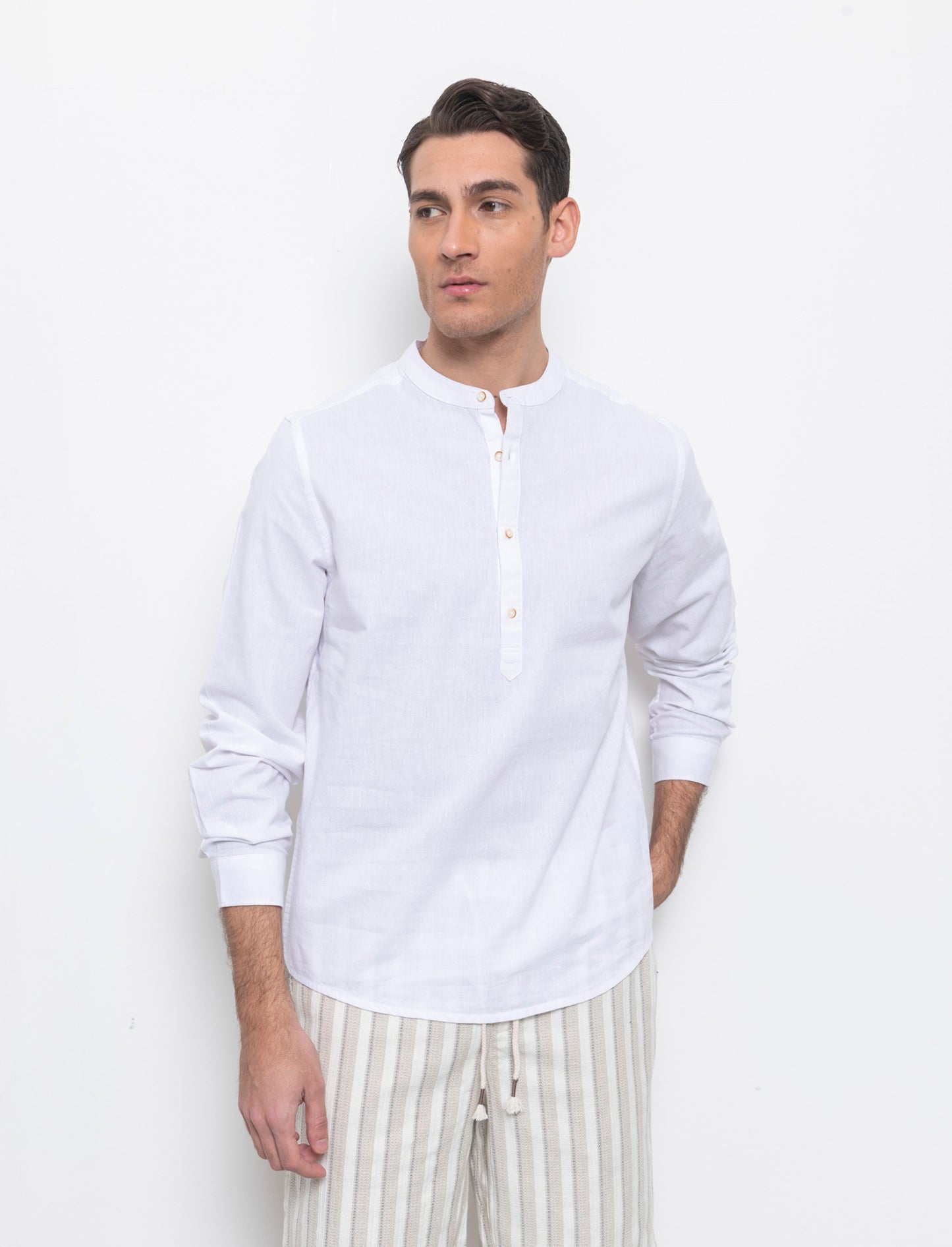 Camicia a casacca misto lino da uomo - Bianco