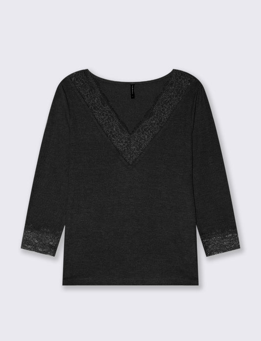 T-SHIRT CON PIZZO - Nero