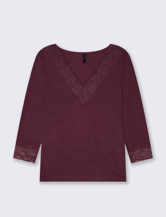 T-SHIRT CON PIZZO - Bordeaux