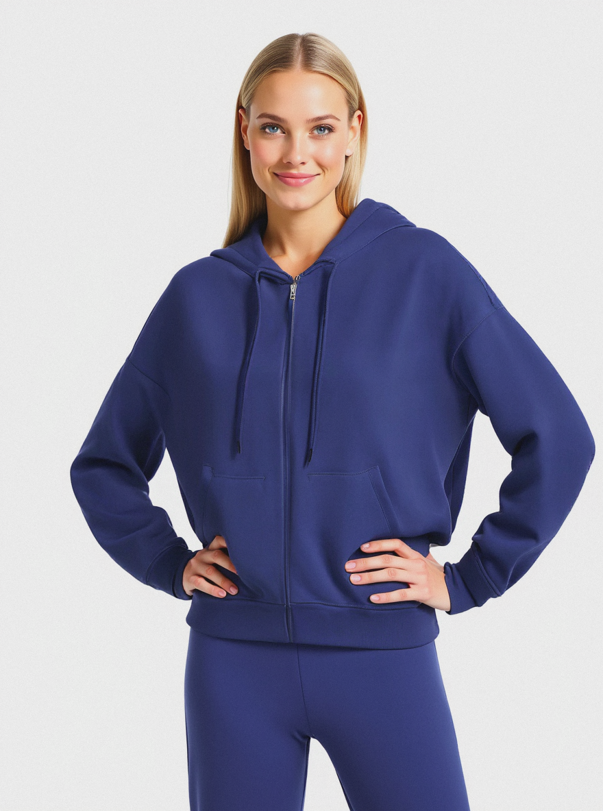 FELPA CON CAPPUCCIO E ZIP - Blu scuro