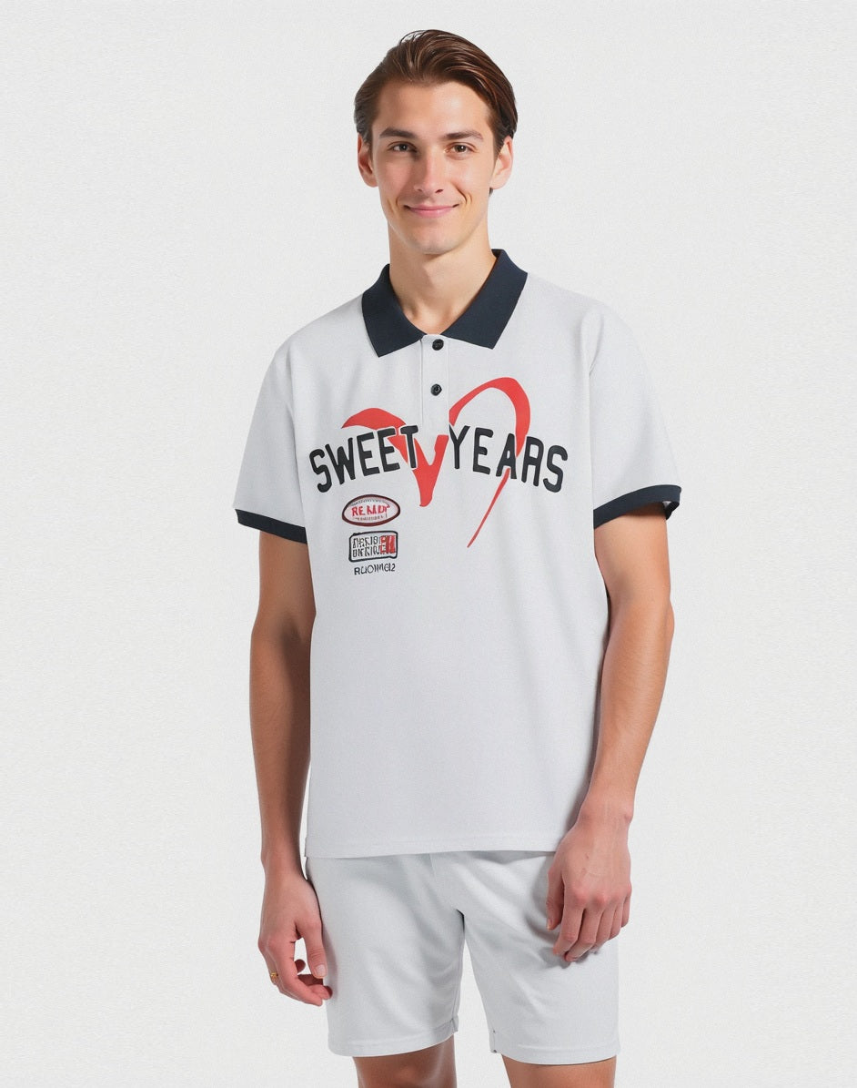 Man's sweet years printed and embroidered polo - White