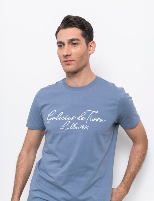 Man's embroidered effect print t-shirt - Sky blue