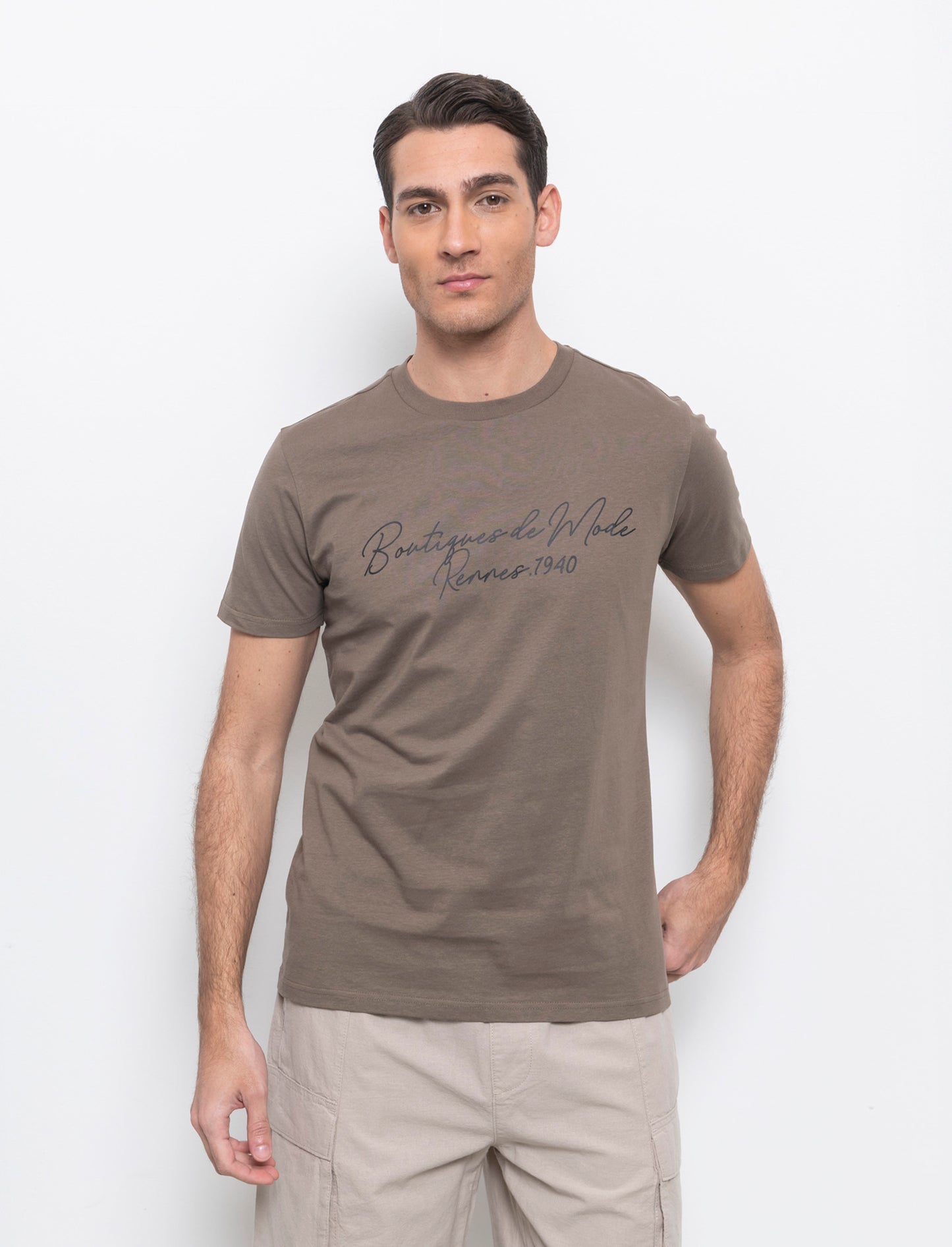 T-shirt con stampa effetto ricamo da uomo - Grigio fango