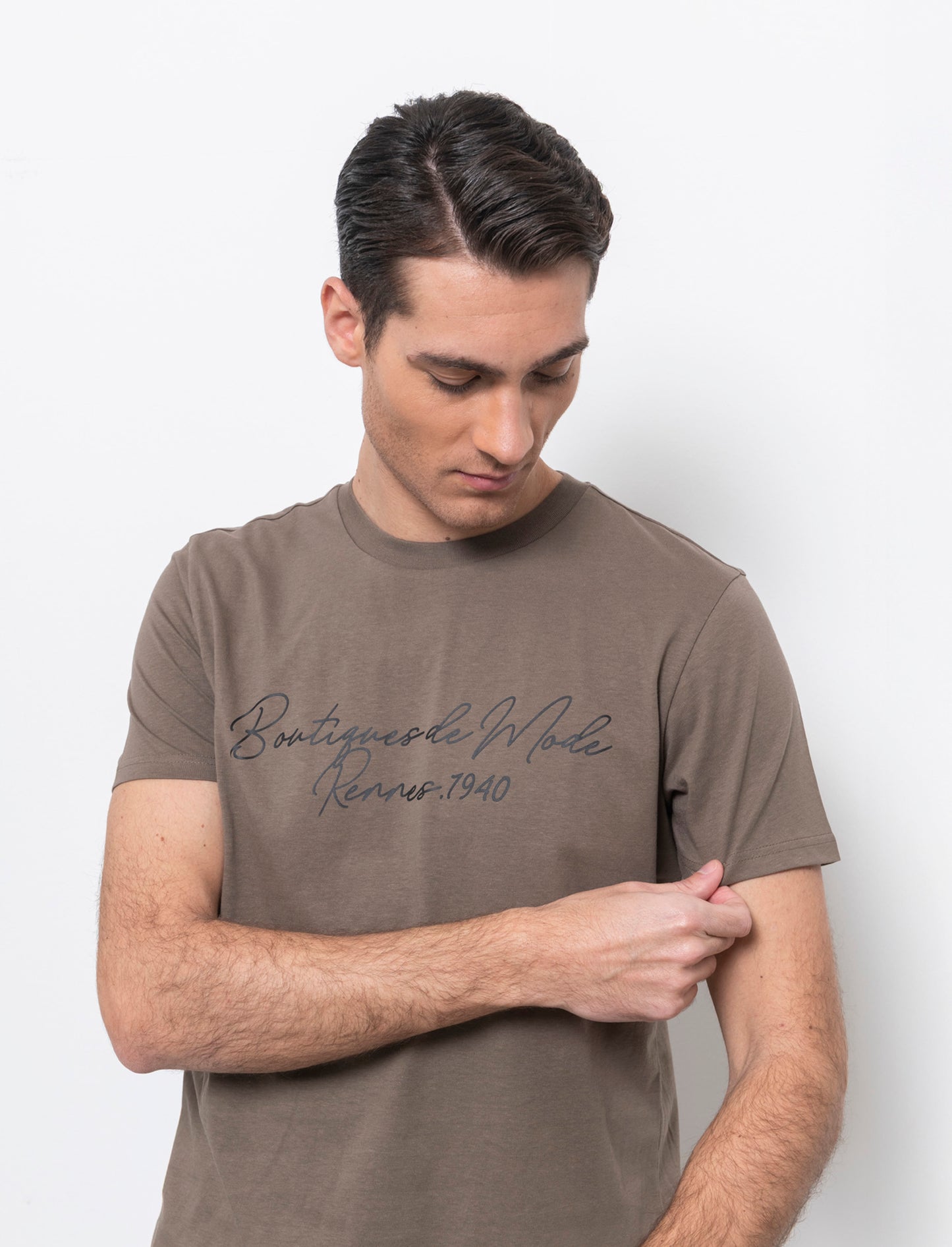T-shirt con stampa effetto ricamo da uomo - Grigio fango
