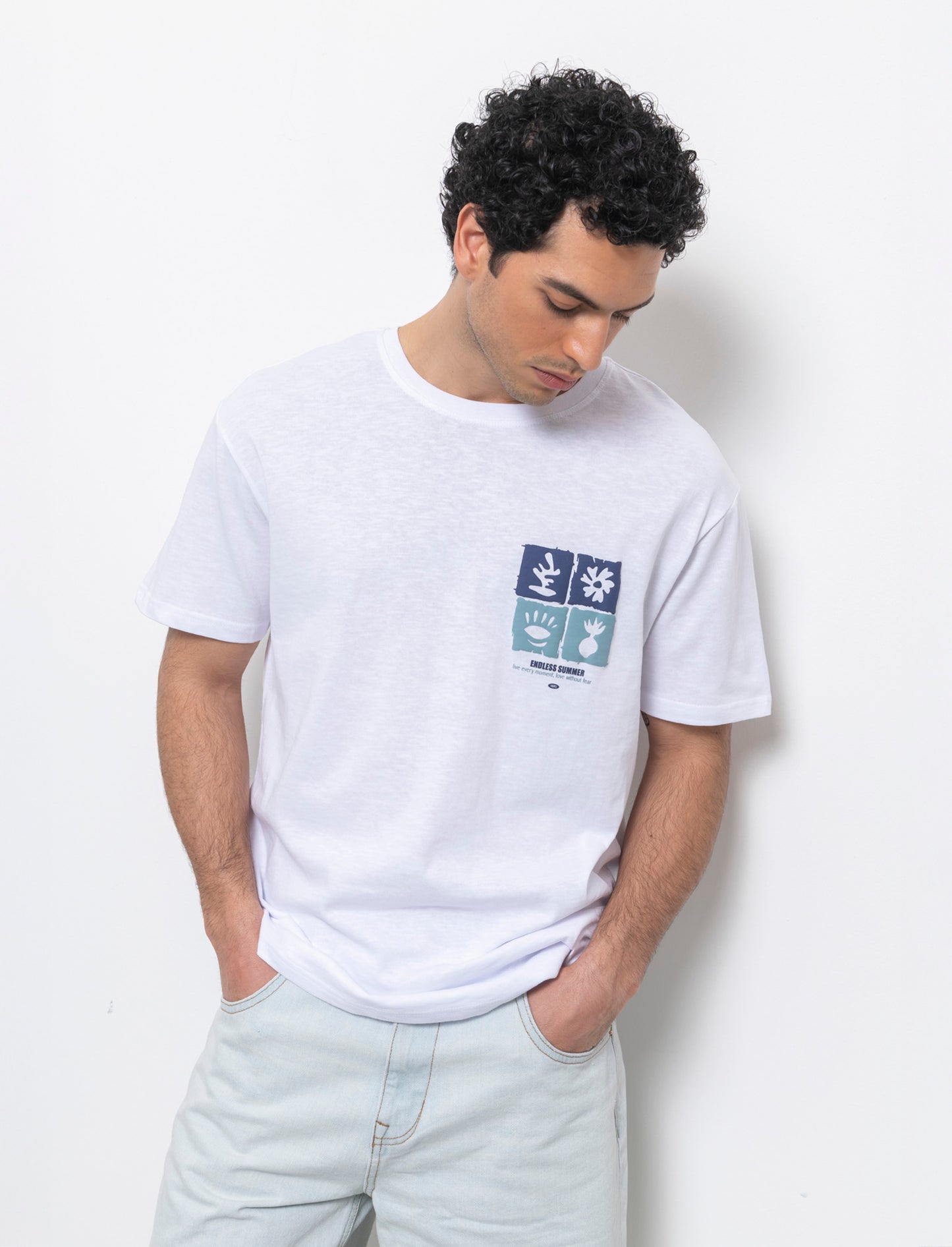 T-shirt effetto maglina con stampa puffy da uomo - Bianco