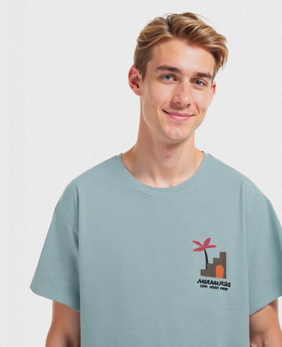T-shirt effetto maglina con stampa puffy da uomo - Azzurro