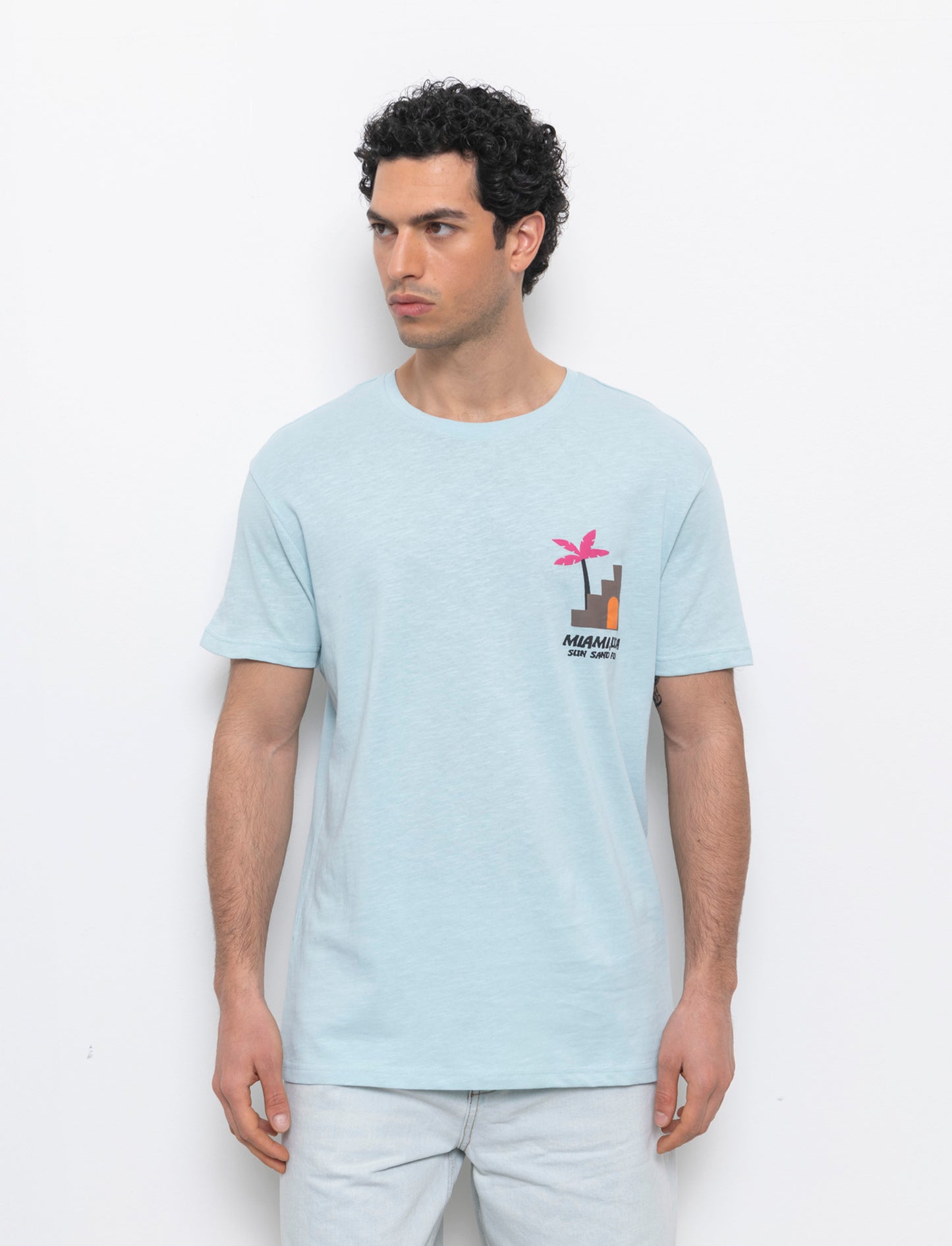 T-shirt effetto maglina con stampa puffy da uomo - Azzurro