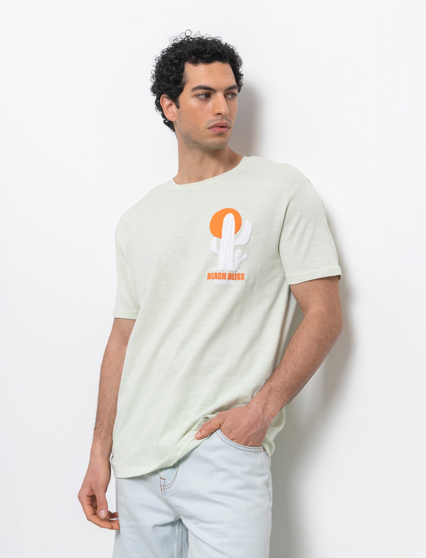 T-shirt effetto maglina con stampa puffy da uomo - Verde