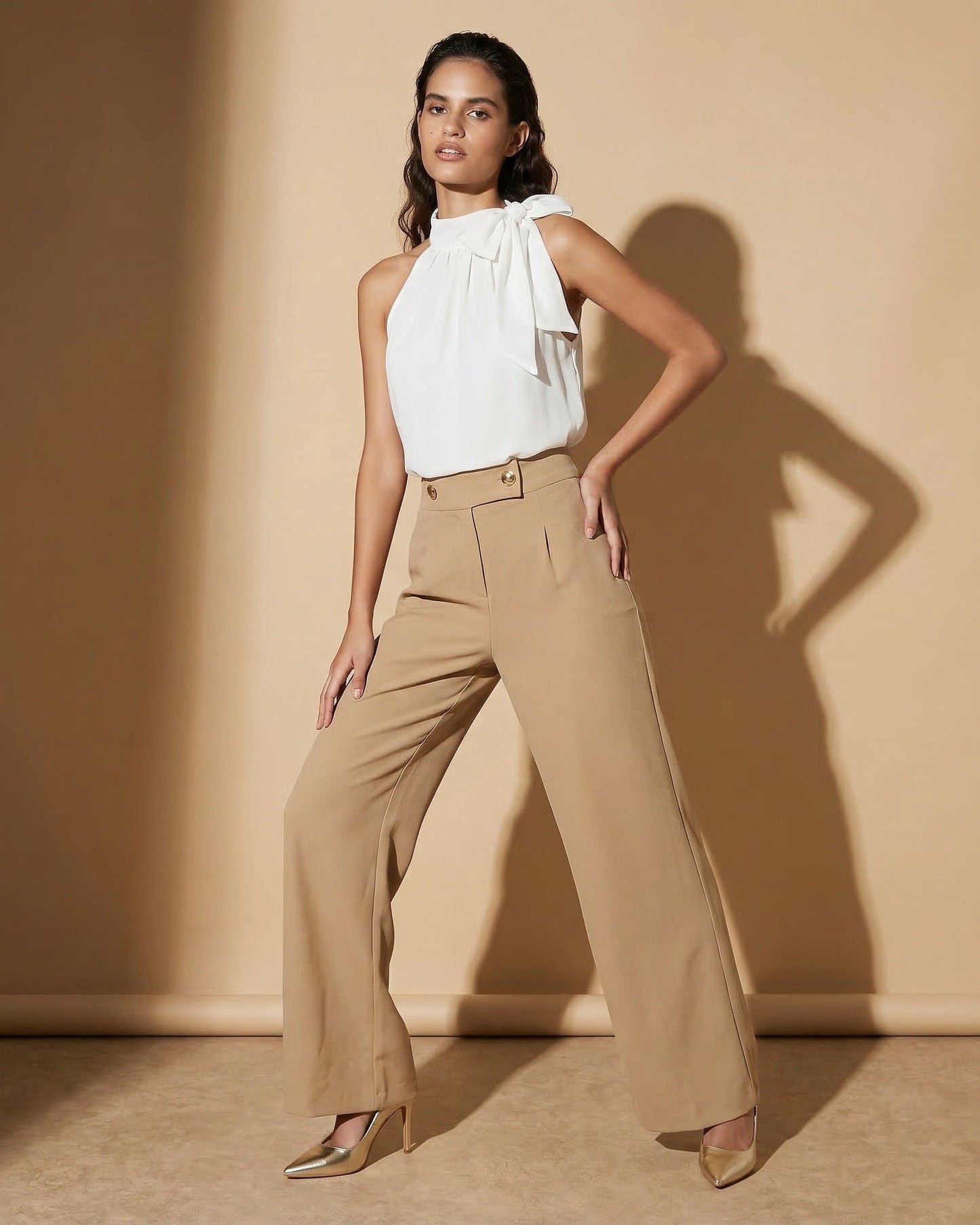 Palazzo Pants with Buttons at the Waist - Beige