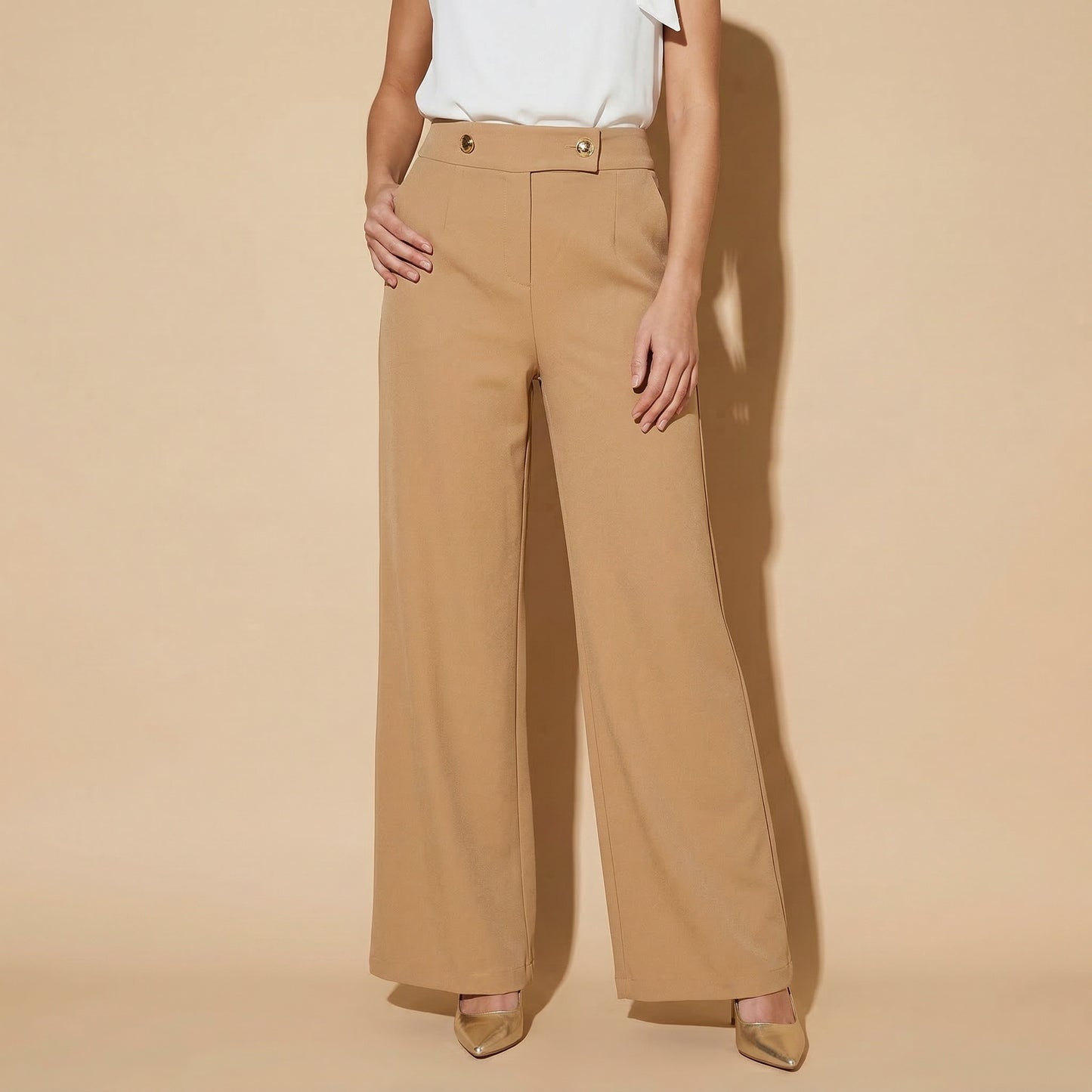 Palazzo Pants with Buttons at the Waist - Beige