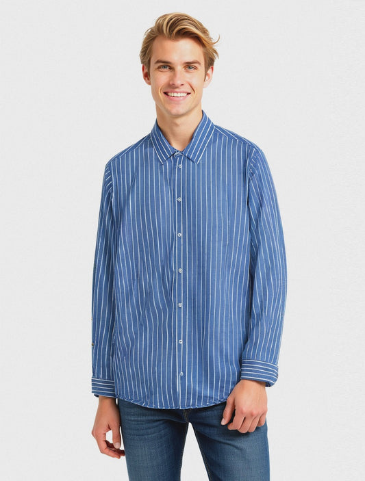 CAMICIA FANTASIA A RIGHE - Celeste