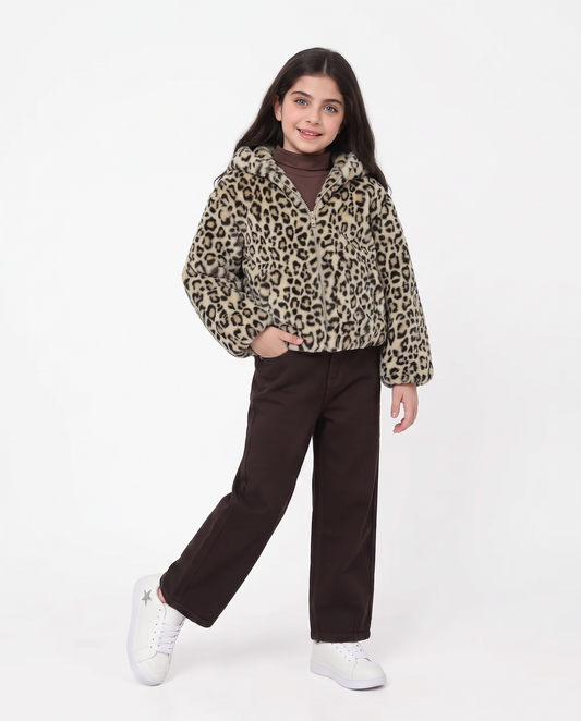 Leopard print faux fur jacket with zip - Animalier