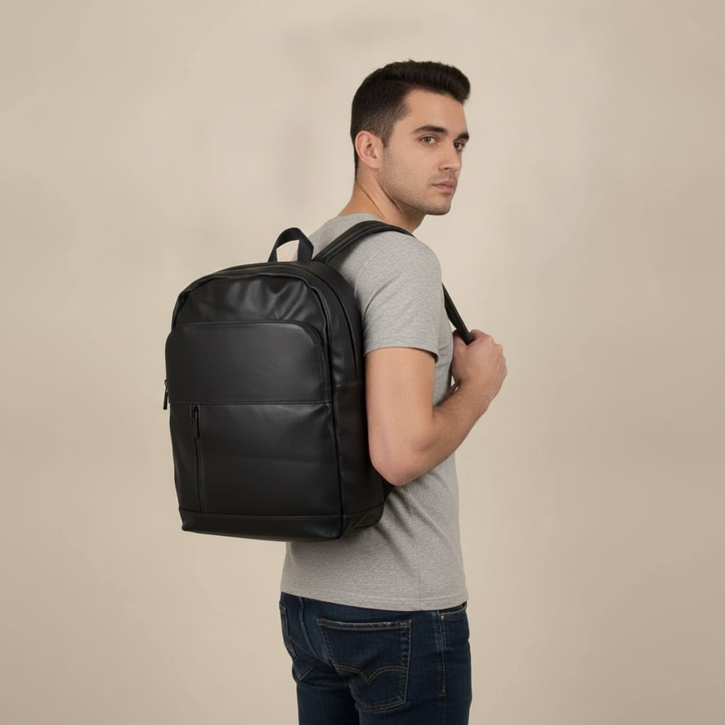 Zainetto effetto pelle con zip e tasca - Nero