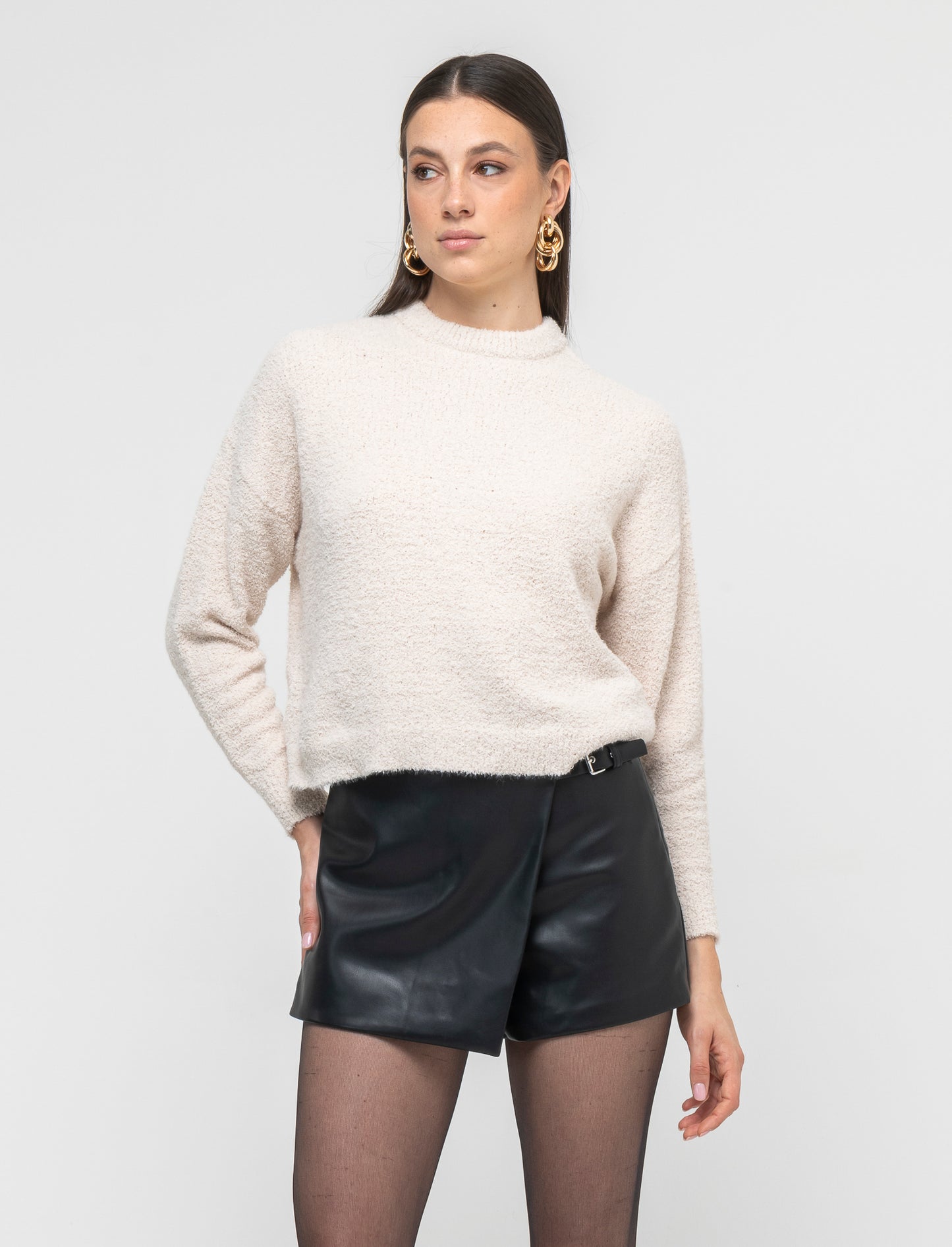 Maglia girocollo e manica lunga taglio crop  tessuto effetto pelliccia - Avorio