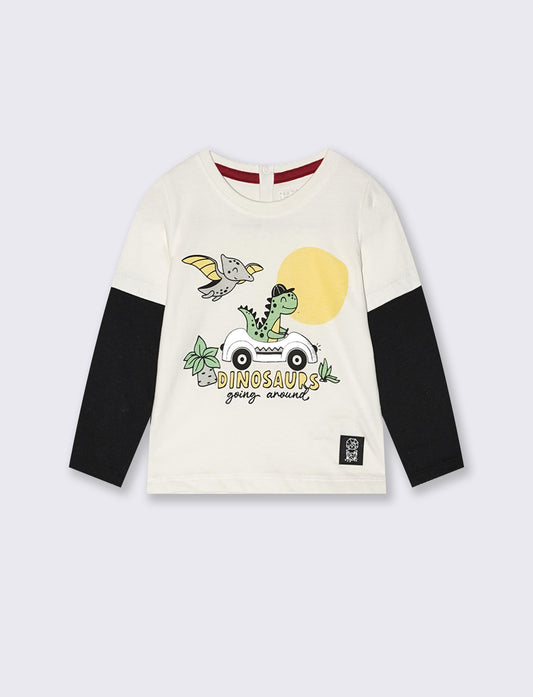 T shirt manica lunga a contrasto con stampa - Bianco latte