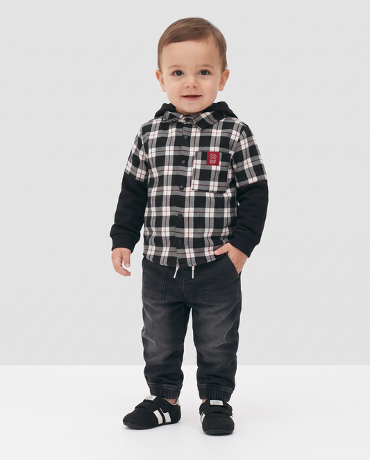 Plaid Flannel Shirt with Hood - Black