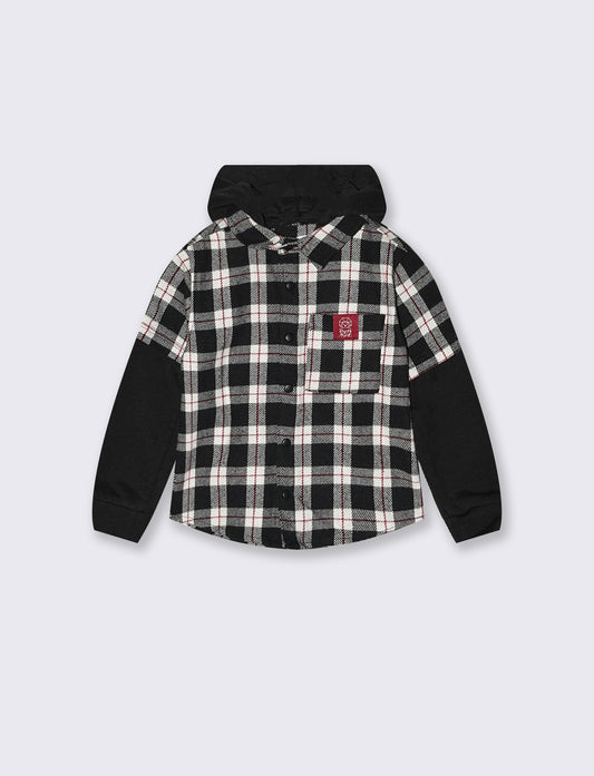 Plaid Flannel Shirt with Hood - Black