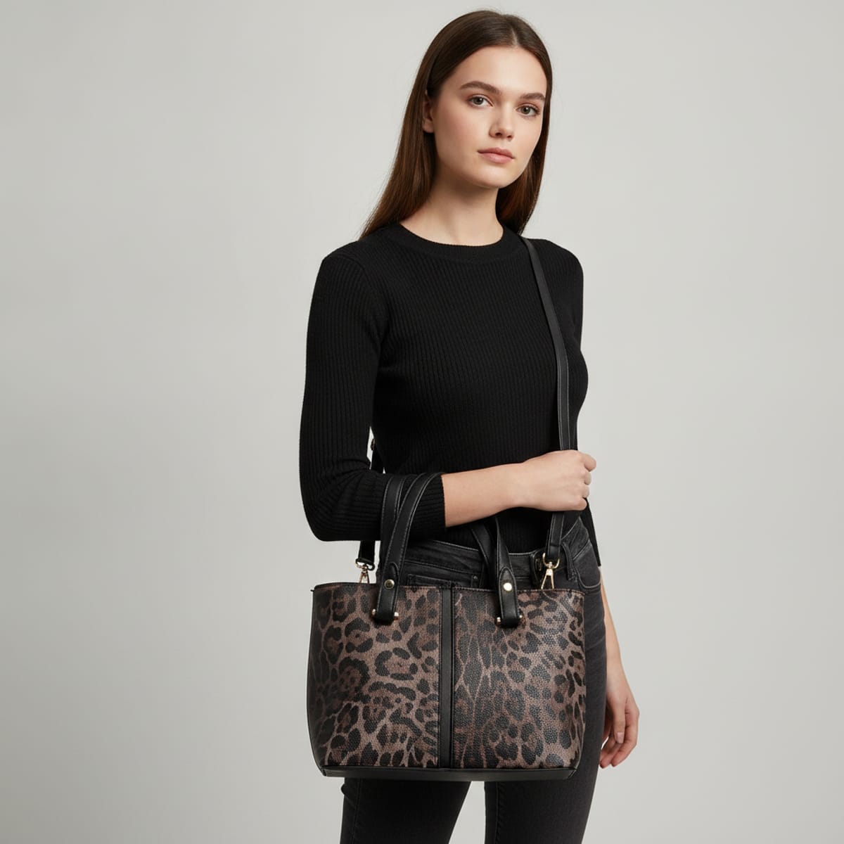 Borsa a mano leopardata - Nero
